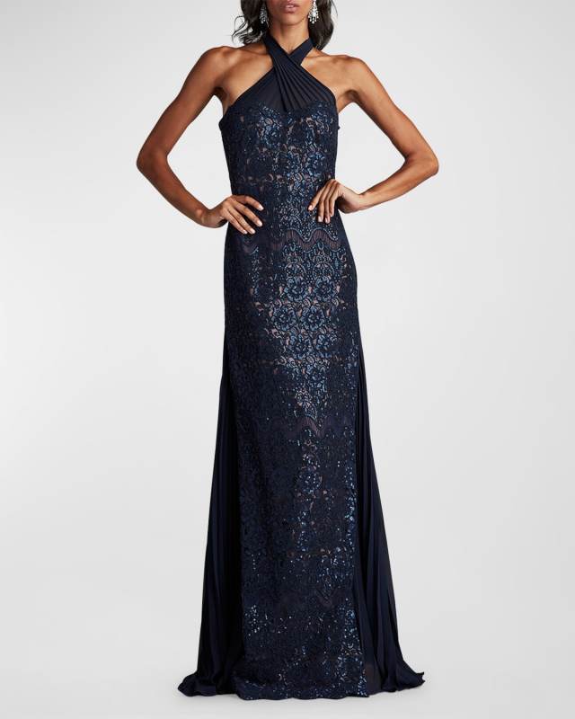 Sleeveless Sequin Floral Lace Halter Gown